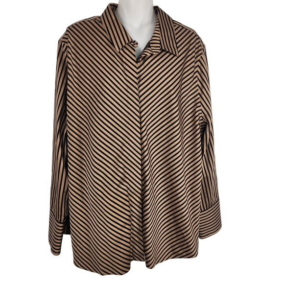 Chico's Women's No Iron Sateen Imperial Stripe Shirt 20/22 Black Neutral Button - Picture 1 of 11